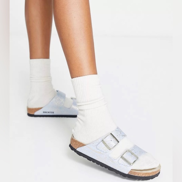 NWOT Birkenstock Arizona dusty blue flat shiny python sandals, size 38 - Picture 4 of 14